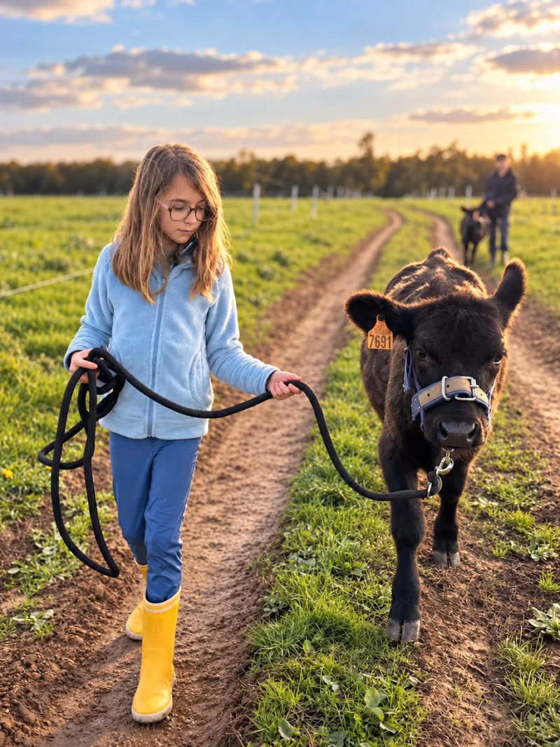 Une jeune fille et une génisse Lowline en longe, ensemble dans les prairies au soleil couchant.